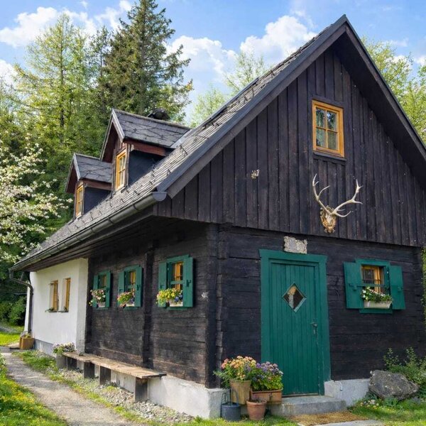 Exterior view of the Bed and Breakfast with a dark wood facade, white walls, green shutters, and a green entrance door.