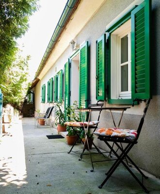 The patio area of the farm house, offering outdoor seating with a table and chairs, bordered by windows with green shutters and potted plants.