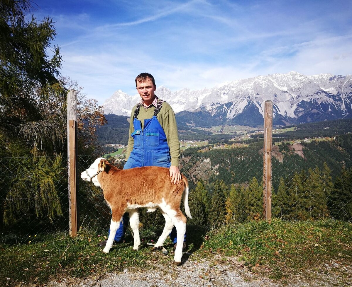 Farmer Hannes with calf Vevi