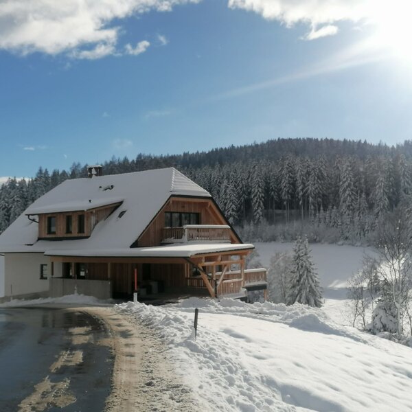 The Farm House exterior in winter, featuring a snow-covered roof, wooden elements, and a surrounding forest landscape, with a cleared access road.