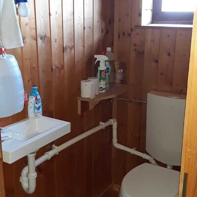 The farmhouse bathroom features a toilet, a wall-mounted sink with exposed plumbing, and a window, set within wood-paneled walls.