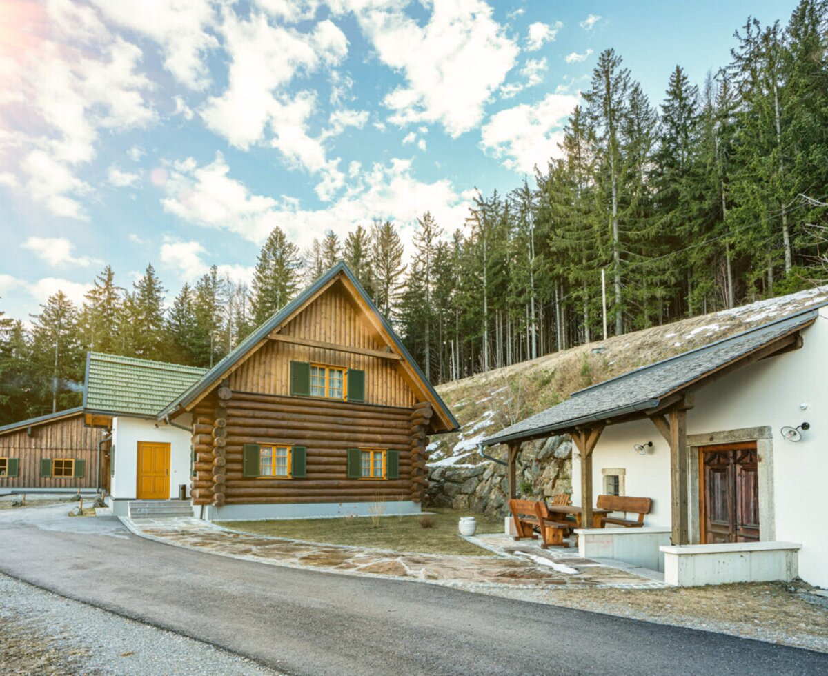 The charming holiday home built of wooden logs, featuring a cozy covered outdoor seating area next to a peaceful forest.