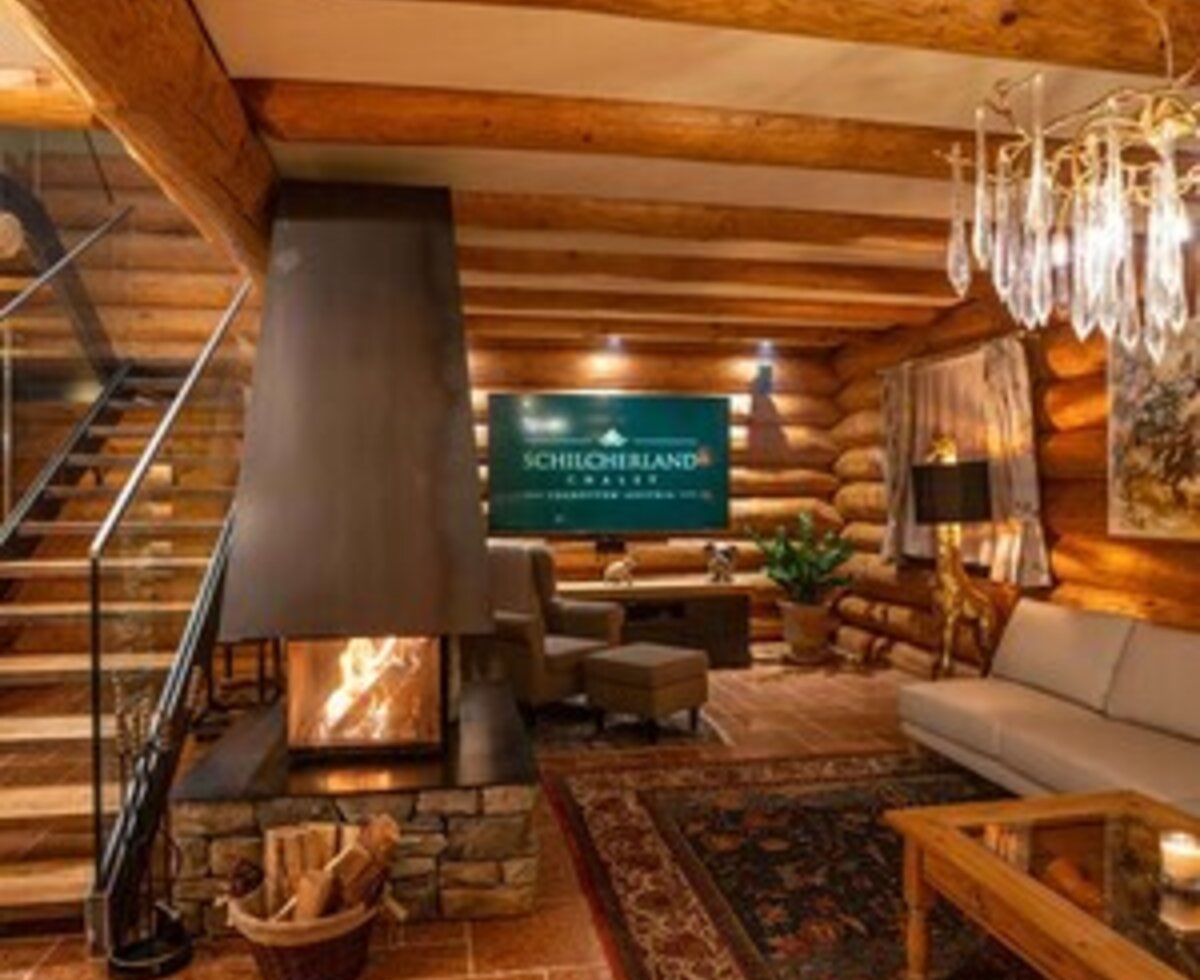The cozy living area of the holiday home with a modern fireplace, rustic wooden beams, and inviting seating.