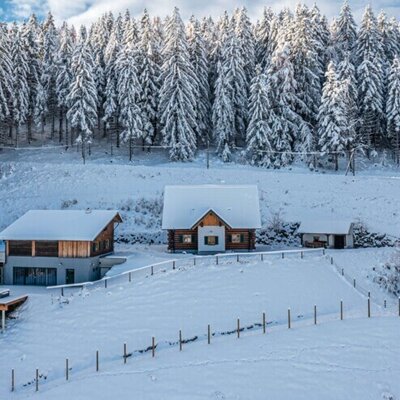 The snow-covered holiday home set in an idyllic winter landscape at the edge of a dense pine forest.