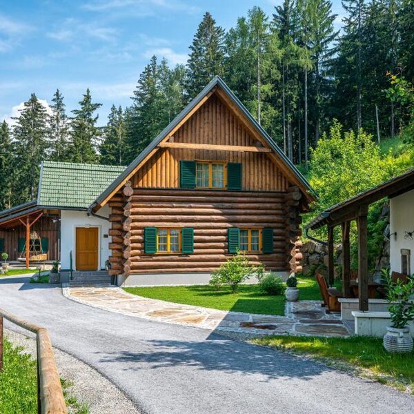 An inviting log cabin holiday home surrounded by lush forest and a well-manicured lawn.