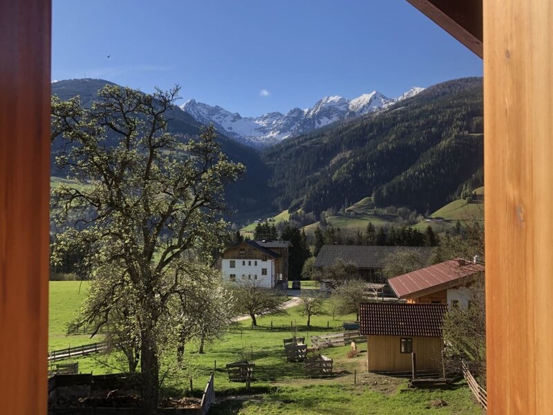 View of the green valley, traditional houses, and distant snow-capped mountains from the Farm House.