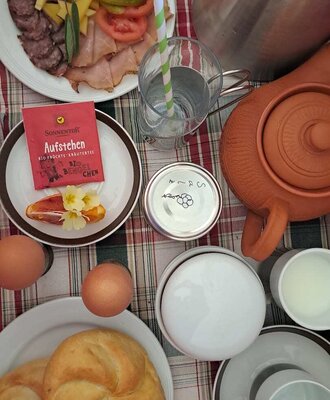 A hearty farmhouse breakfast featuring fresh bread rolls, cold cuts, eggs, and warm tea.