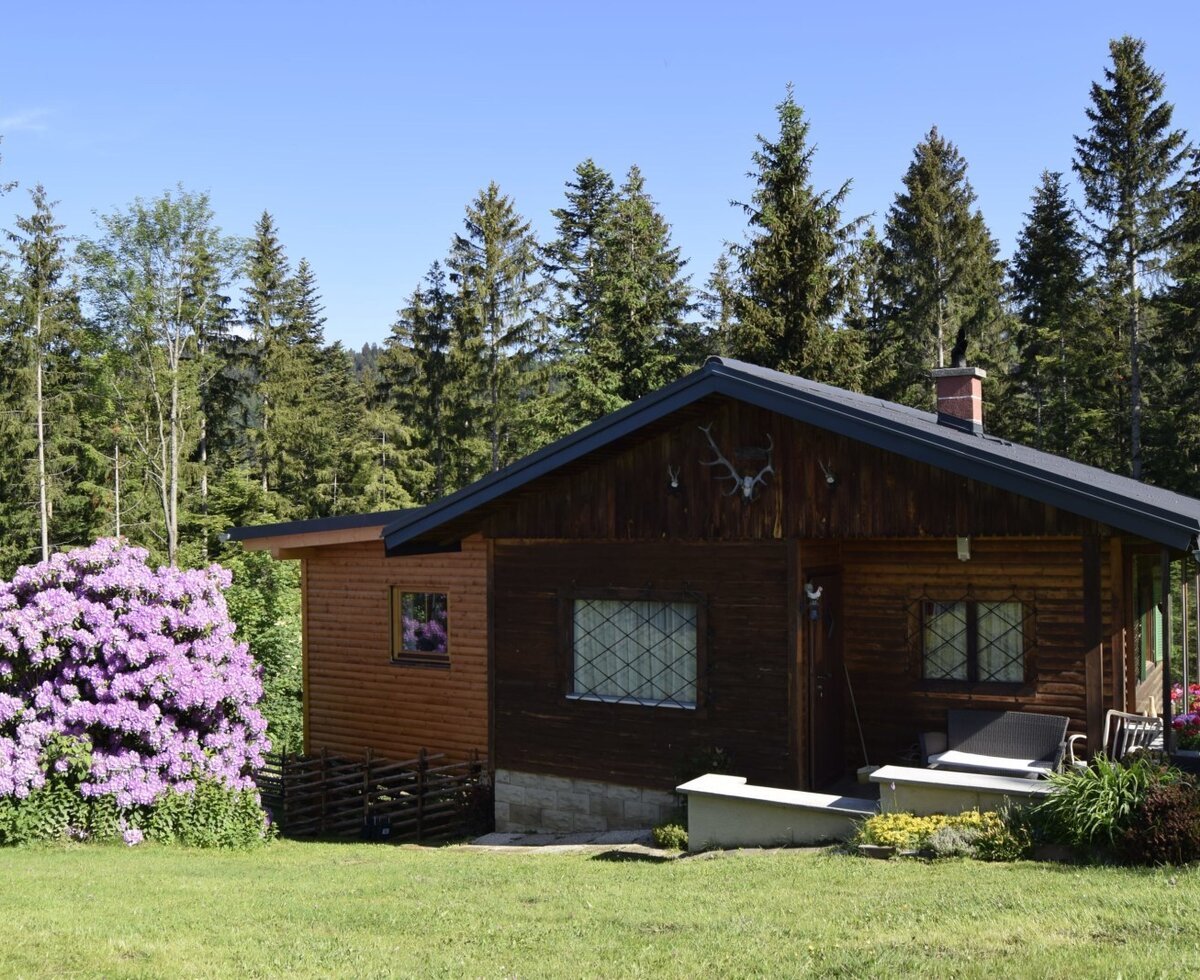 The farmhouse features a wooden exterior, an outdoor seating area on a small patio, a surrounding lawn, and a large purple rhododendron bush, all surrounded by evergreen trees.