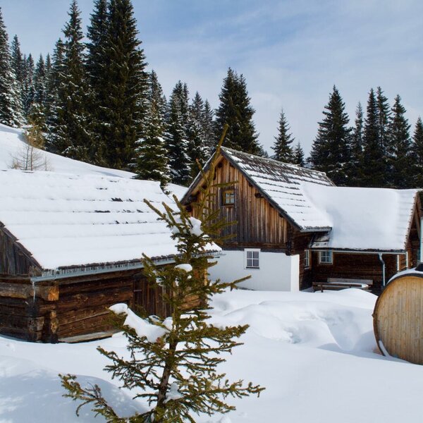 The exterior of the farmhouse in a snowy mountain setting, featuring a barrel-shaped outdoor structure with a chimney and surrounding pine trees.