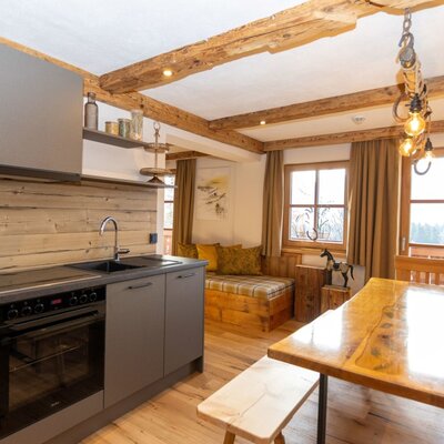 The farmhouse kitchen with modern appliances, a wooden dining table, bench seating, and a window view. (c) Hans-Peter Steiner