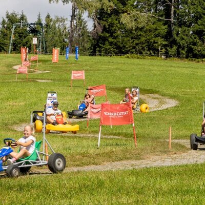 Children riding pedal go-karts on an outdoor race track at the farmhouse.