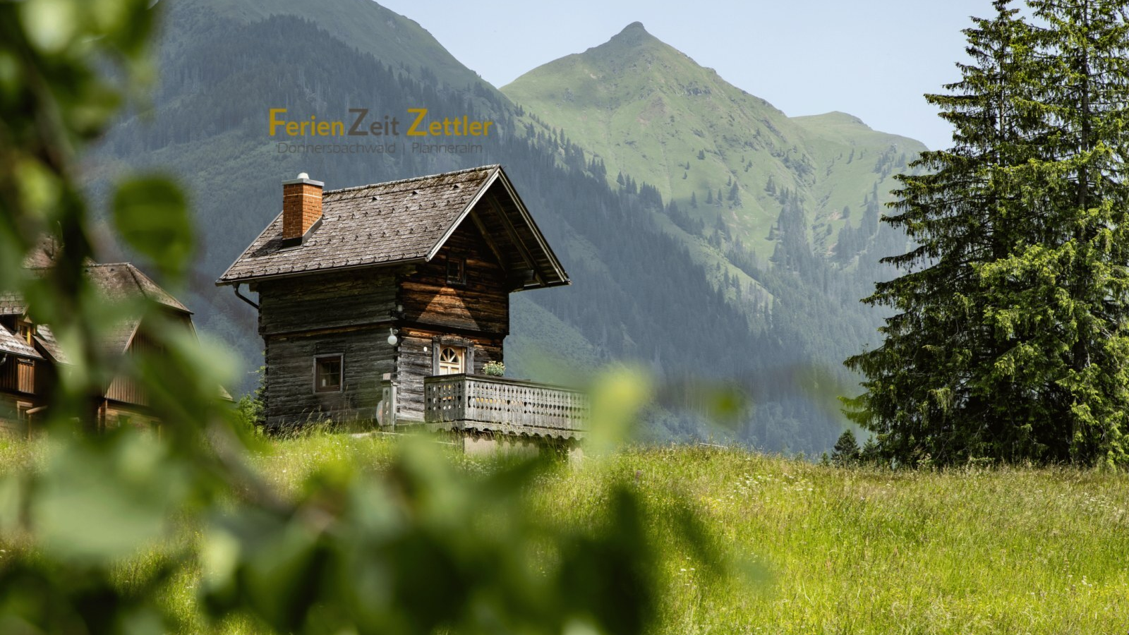 Troadkasten with a balcony, surrounded by a meadow, with mountains and a fir tree in the background.