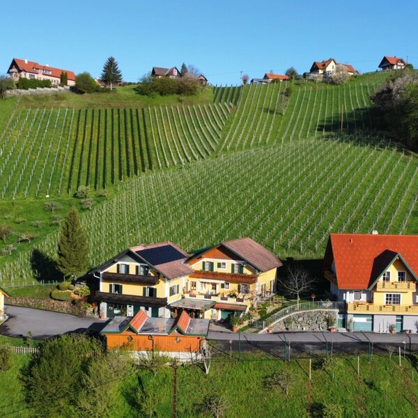 The Haus is situated in a green hillside landscape with surrounding vineyards.