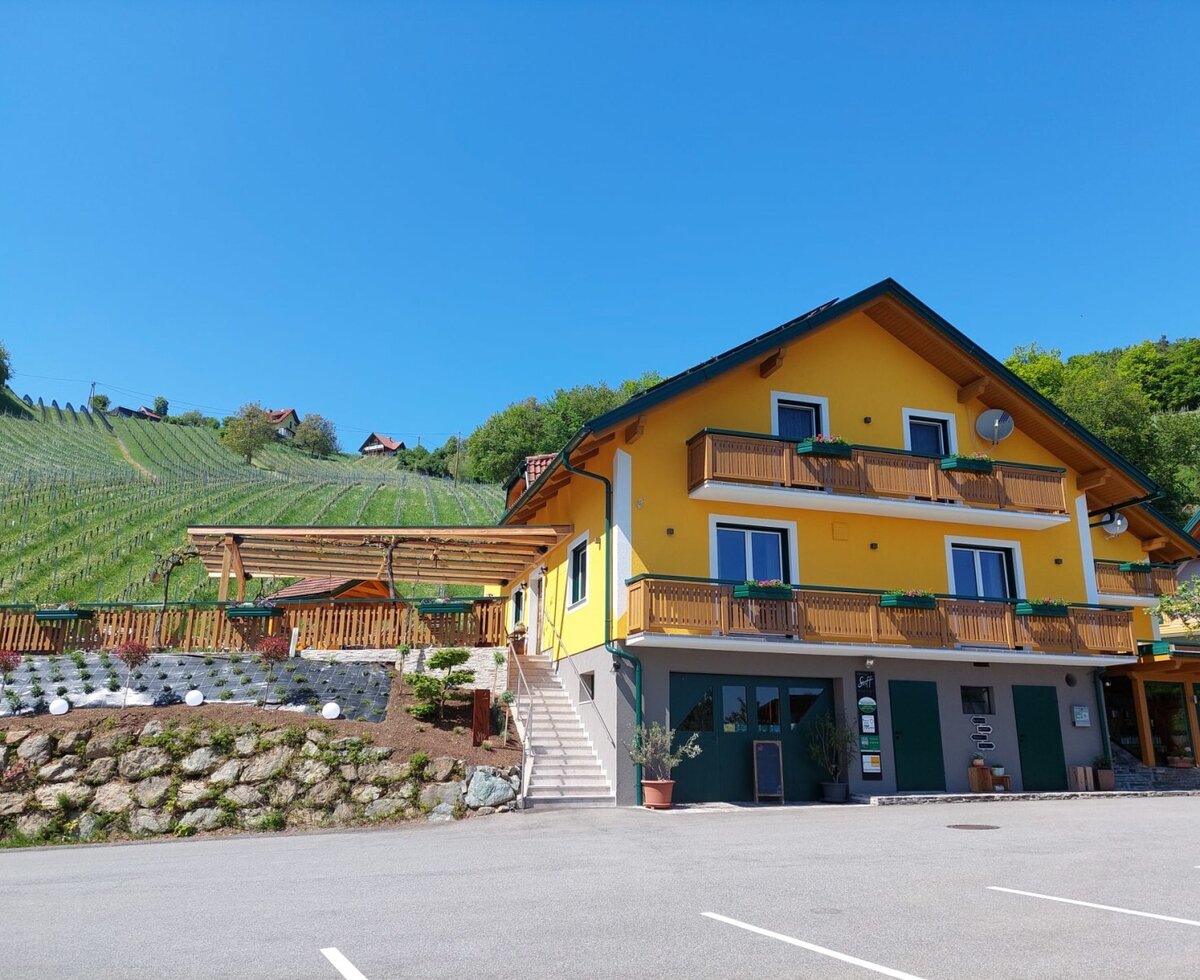 The house with a yellow facade, wooden balconies, and a terrace, located amidst vineyards, with a parking area.