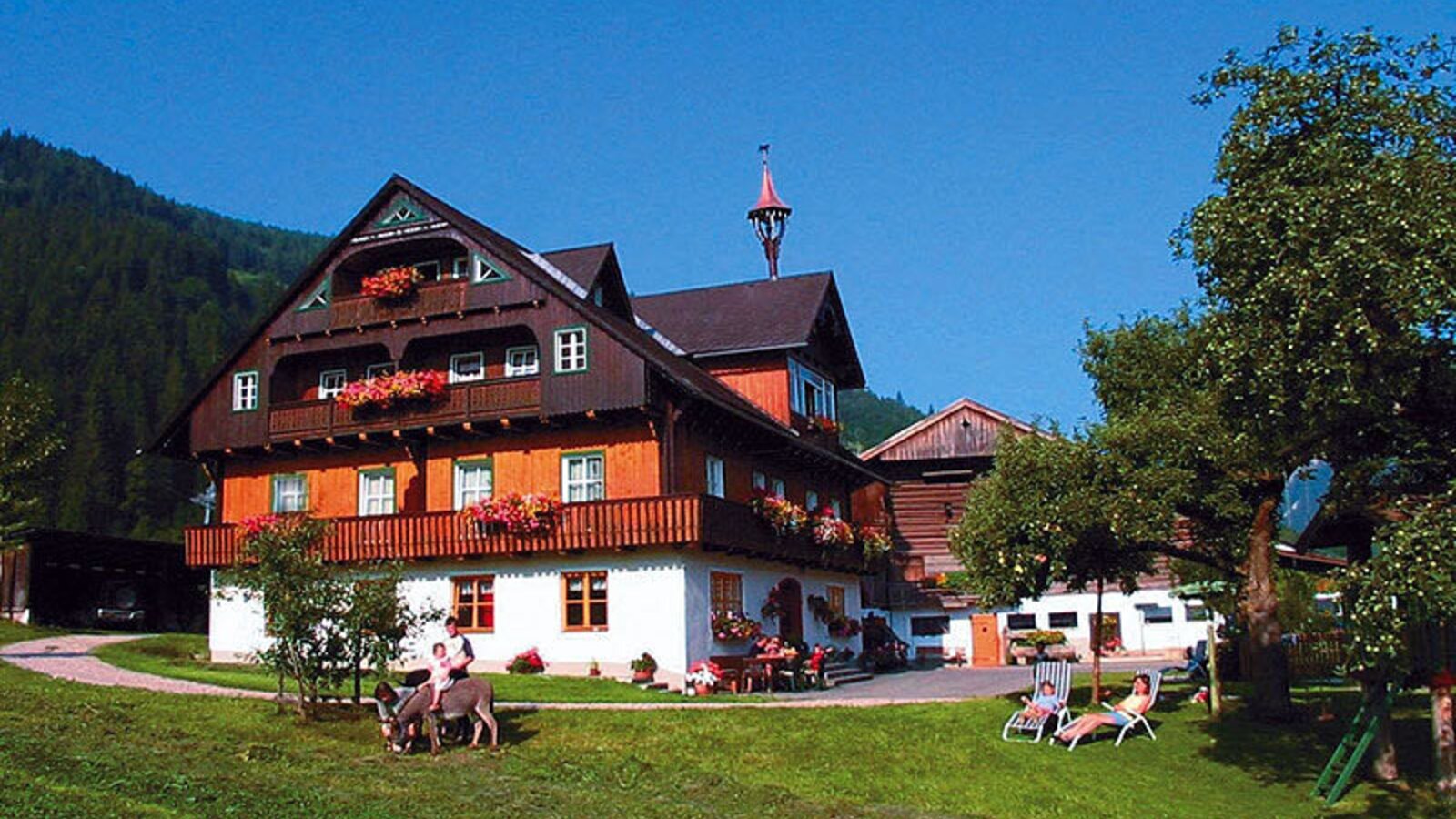 The farm house exterior features flower-filled balconies, a spacious garden lawn with sun loungers, and a children's play area, all set against a mountain backdrop.