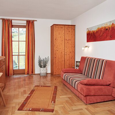 One of the themed rooms in the farmhouse, equipped with a sofa bed, wooden wardrobe, TV, a wine rack, and a balcony overlooking the vineyards.