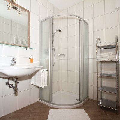 The bathroom in the Farm House includes a corner shower, a sink with a mirror, a hairdryer, and a rack with hand and bath towels.