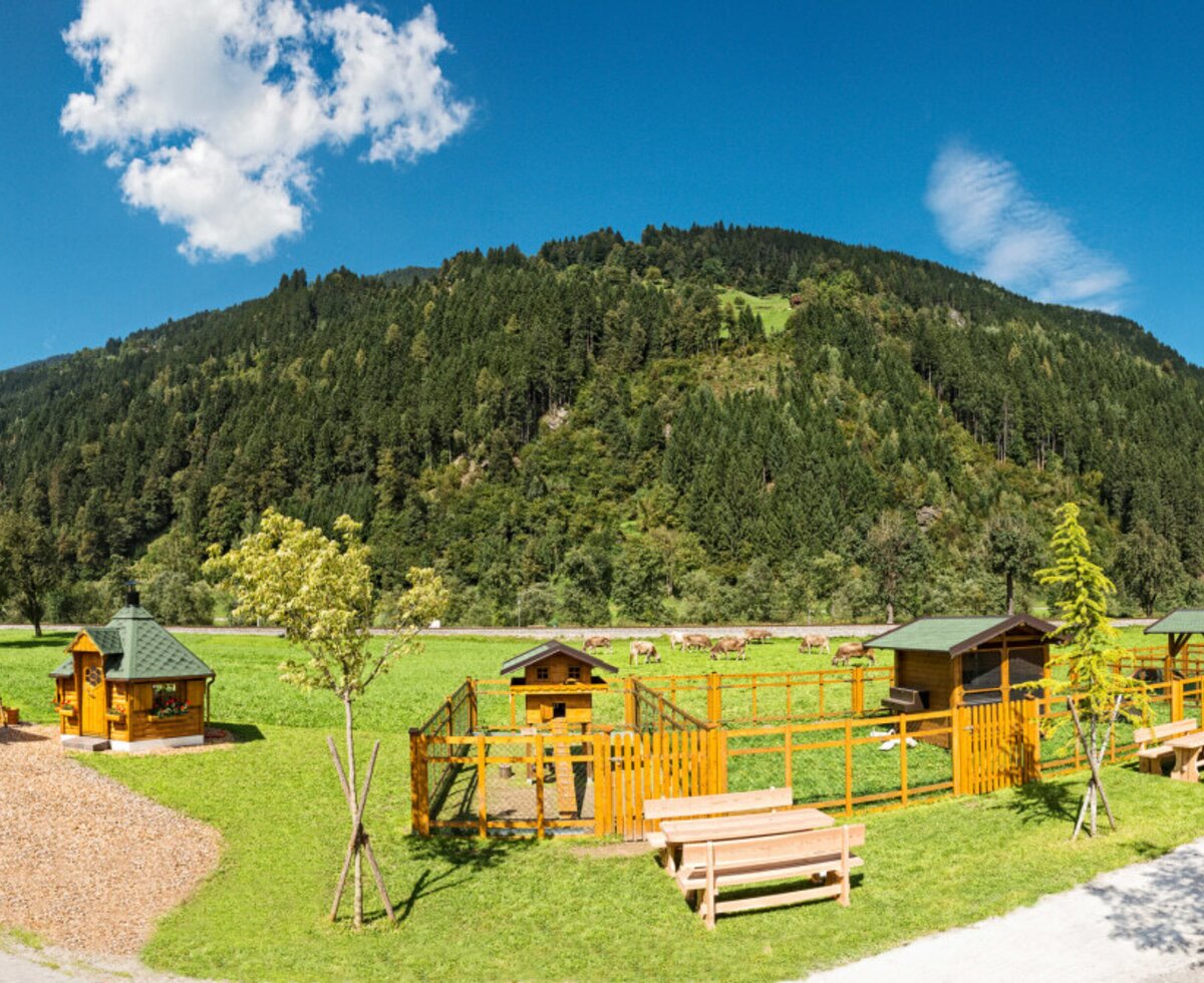 The Farm House features an outdoor pool, children's playground, and animal enclosures, with green fields and mountains in the background.