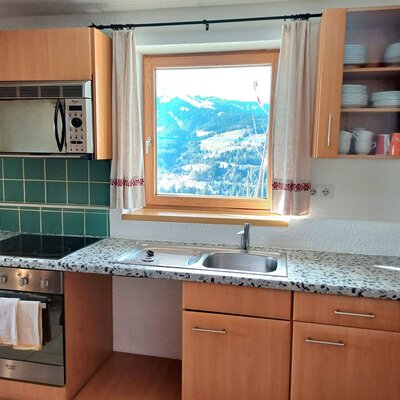 The Alpine Hut's kitchen is equipped with a hob, oven, microwave, and sink, set against a tiled backsplash, with a window overlooking mountain scenery.