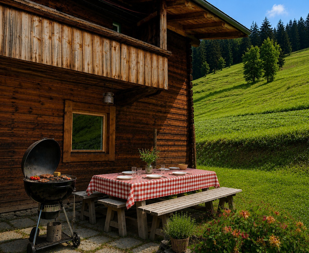 The alm's inviting terrace features a barbecue grill and a set wooden table against a backdrop of idyllic green mountain meadows.