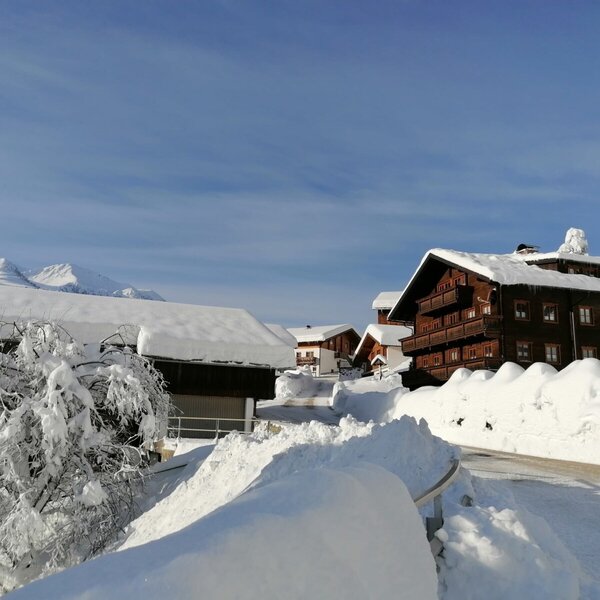 The farm house and adjacent buildings are seen in a snowy winter landscape, with a cleared path and distant mountains.