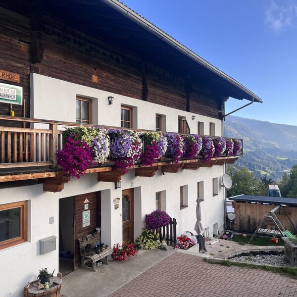 Exterior view of the farmhouse with a flower-decorated balcony, mountain view, and a children's swing in the garden.