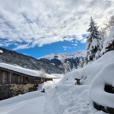 The snow-covered Alm with stone and wood facade, surrounded by deep snow and a winter hiking path in the mountains.
