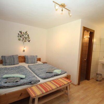 A guest bedroom in the Farm House featuring a double bed, a wall-mounted TV, and an adjacent bathroom area with a sink, mirror, and separate shower/WC.