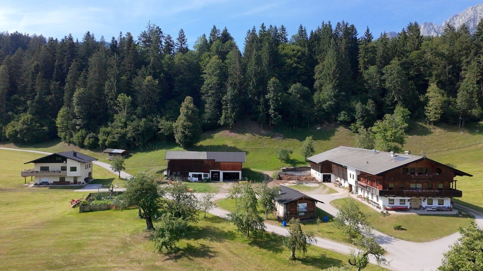 The inviting farmhouse, nestled in an idyllic meadow landscape at the edge of the forest.