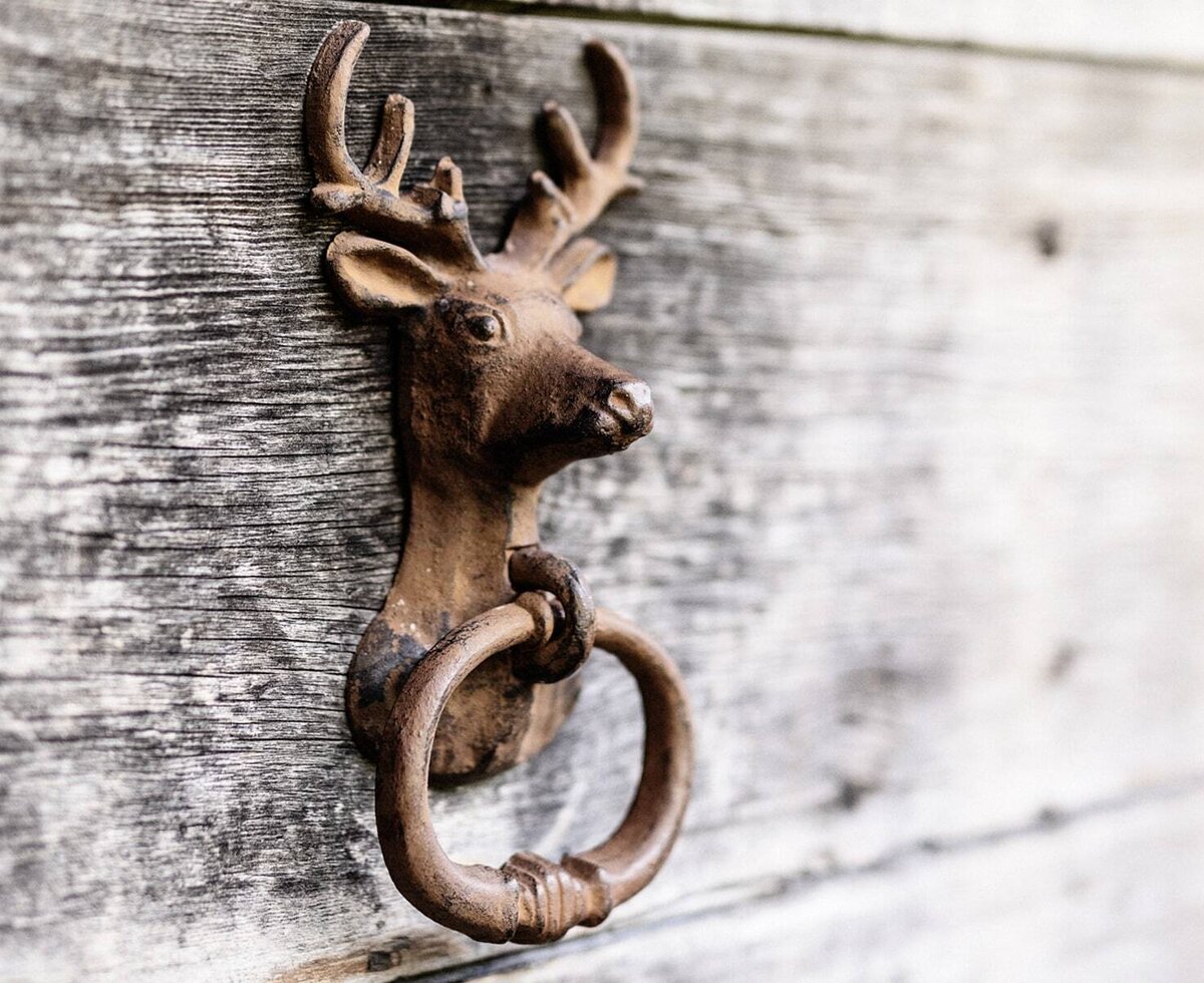 A cast iron deer head door knocker on the wooden door of the Alpine Hut.