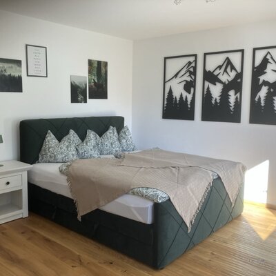An inviting double room in the bed and breakfast featuring a comfortable box spring bed, stylish wall art, and bright wooden flooring.