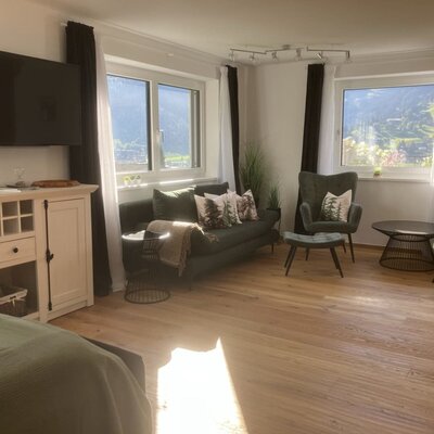 A sunlit living area in the bed and breakfast, featuring comfortable seating, a flat-screen TV, and scenic mountain views through large windows.