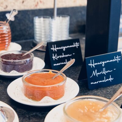 A rich breakfast buffet with Stubai eggs and homemade jams made from farm-grown fruit such as plum, apricot, cherry, or currant.