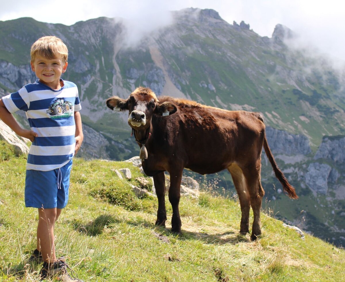A child and a cow on a mountain pasture, depicting the natural surroundings of the Farm House.