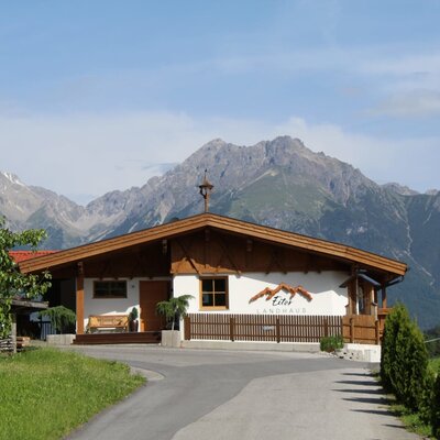 The exterior of the Ap­par­te­ments, featuring a traditional country house style, a mountain backdrop, and a driveway.