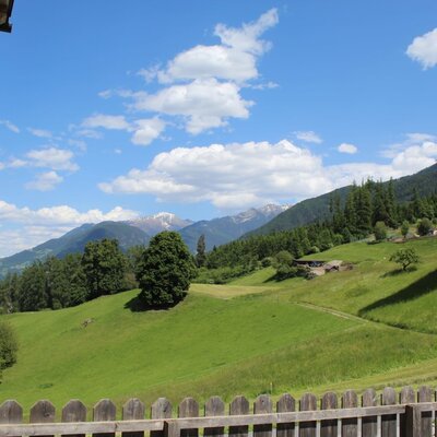 View from the Ap­par­te­ments of the green mountain landscape with snow-capped peaks and a wooden fence in the foreground.