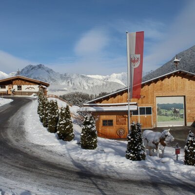The Ap­par­te­ments in winter, featuring traditional wooden buildings, a snowy driveway, and the surrounding mountain landscape.