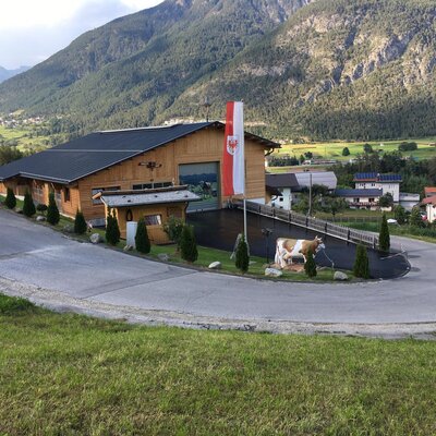 Exterior view of the Ap­par­te­ments with a wooden facade, surrounded by mountains, including the driveway, Austrian flag, and a cow statue.