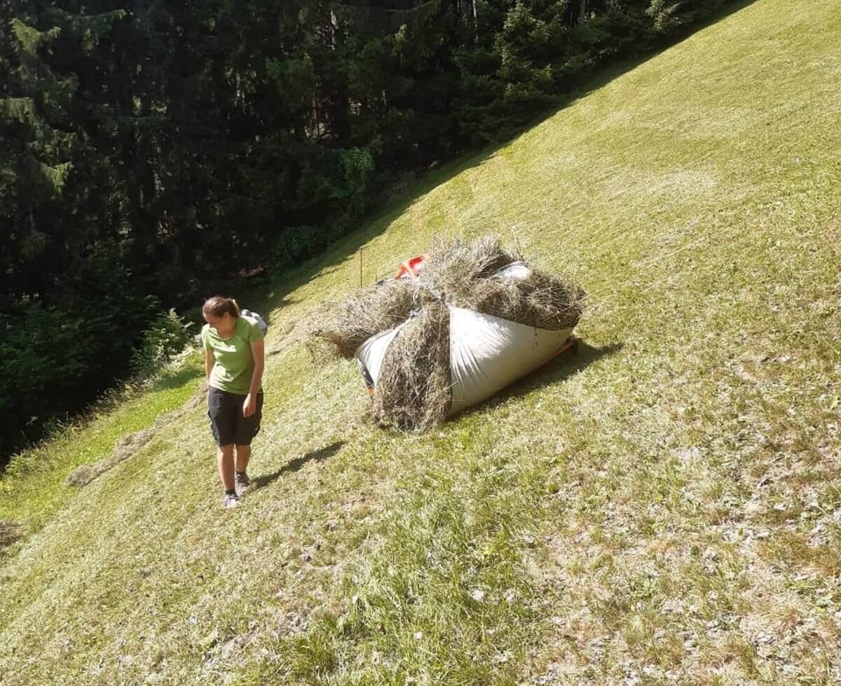 A person working in the sloped field at the Farm House, collecting hay into a large bag.