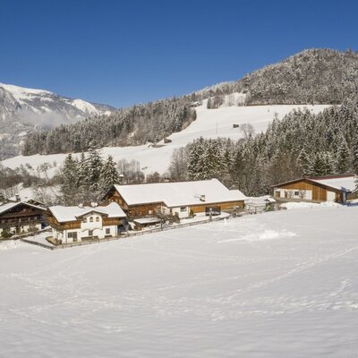 The Farm House buildings set against a snow-covered mountain and forest landscape.