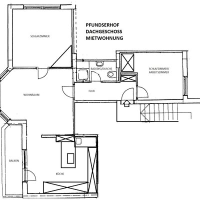 Floor plan of the Geierwally attic flat in the Farm House, featuring two bedrooms, a living room, a kitchen, a bathroom, and a balcony.