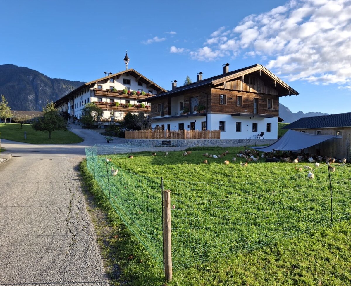 The farm house exterior, featuring traditional buildings with a fenced chicken paddock in the foreground and surrounding mountains.