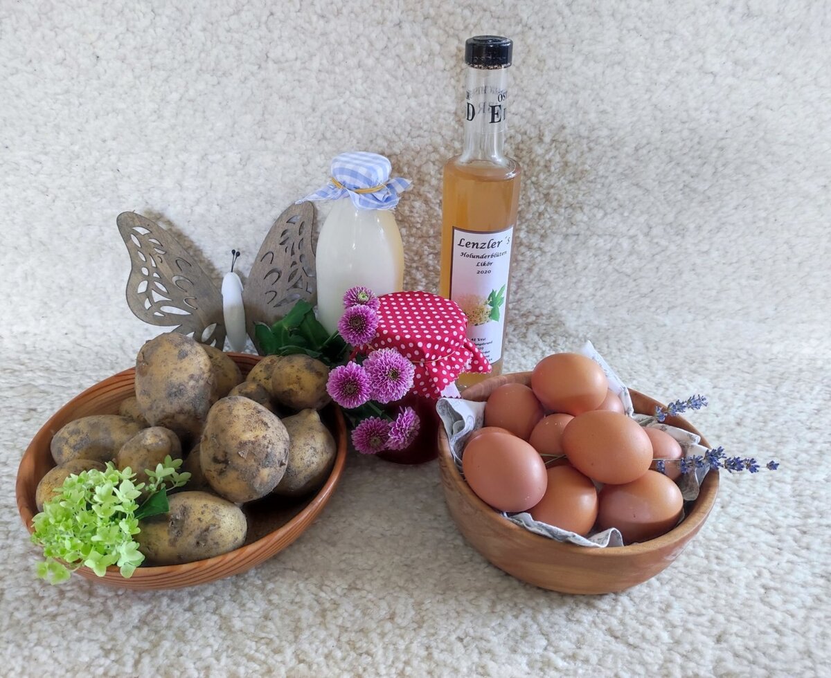 Our farm products – milk, eggs, potatoes, jams and syrup