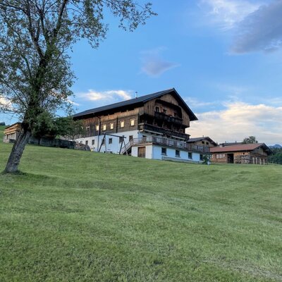 The Ferienwohnung is a traditional wooden building with balconies, situated on a green hill.