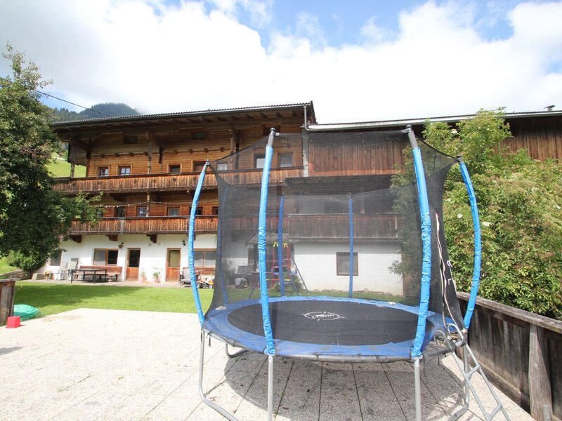 A trampoline with a safety net is available on the paved outdoor area of the Farm House.