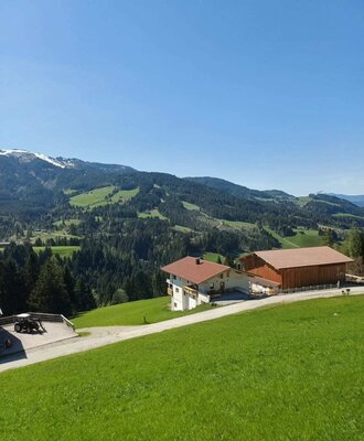 Exterior view of the Bauernhof with an adjacent farm building, surrounded by green meadows and mountains.