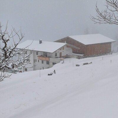 An idyllic farmhouse nestled in a deep, snowy winter landscape.
