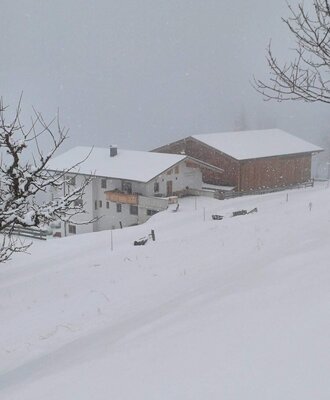 An idyllic farmhouse nestled in a deep, snowy winter landscape.