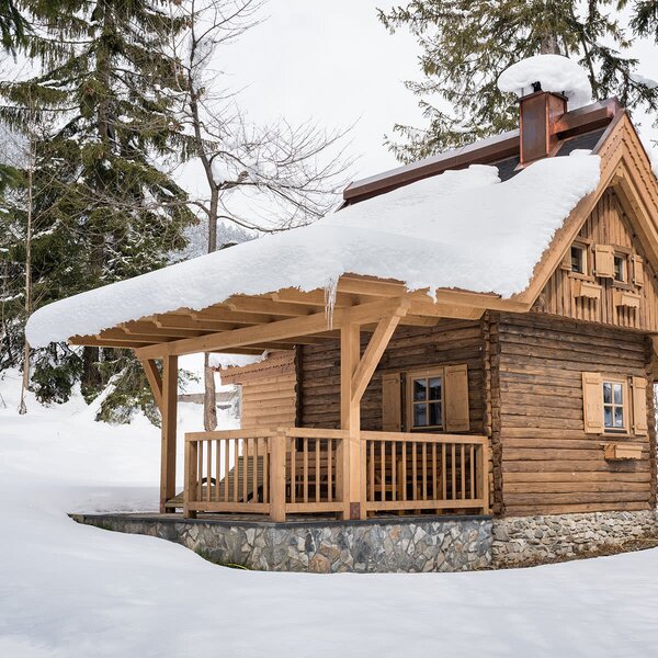 The log-built Alpine Hut, featuring a covered wooden porch and a snow-covered roof, is set among pine trees.