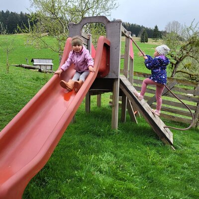 The farmhouse playground with a slide and climbing frame, where children are playing.